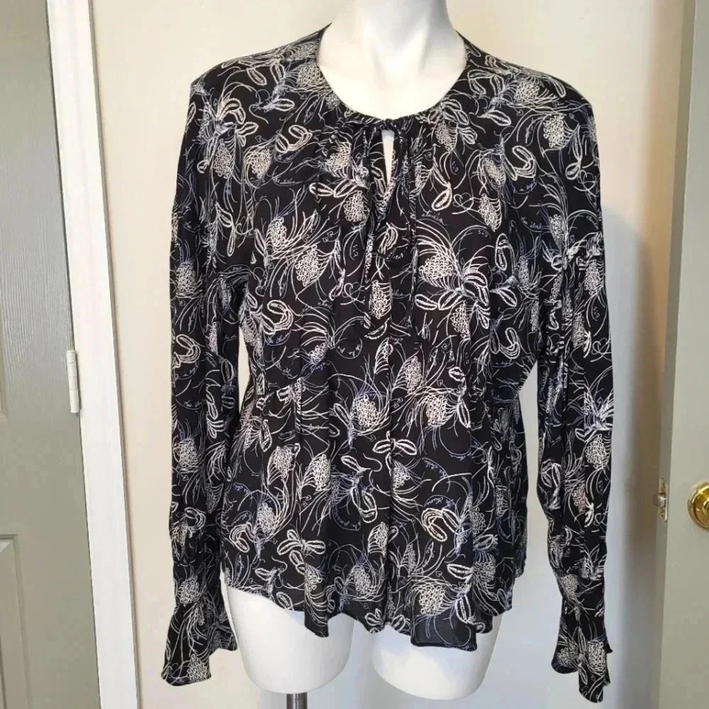 Cinq a Sept Botanical Floral Print Semi Sheer Balloon Sleeve Blouse(L)